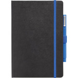 A black journal with a blue elastic band and a blue pen holder, featuring a logo on the cover.