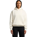 A cream hoodie with a front pocket, featuring a large hood and a relaxed fit. It has a small logo on it.