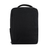 A black travel backpack with a simple design and a top handle. It features a logo.