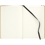 A brown-bound journal with lined pages and a black ribbon bookmark, featuring a logo on the cover.