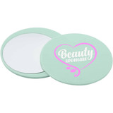 A mint green makeup mirror with a pink heart design and text reading "Beauty woman." It features a reflective surface.