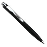 A black ballpoint pen with a click action and a silver clip, featuring a sleek, modern design.
