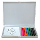 A colouring set in a white box containing colourful pencils and a sketch of a seahorse.