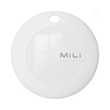 A white circular tracking tag with a glossy finish and a small hole for attachment. It features a logo.