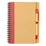 A brown notebook with a red spine and a matching red ballpoint pen attached. The notebook features spiral binding.