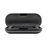A black charging case with true wireless earbuds inside, featuring a sleek design and a logo on the front.
