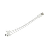 A white multi charge cable with a USB connector and three compatible charging ends. It has a branding logo.