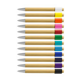 A collection of bamboo spinner pens in assorted colours including white, orange, pink, green, and purple.