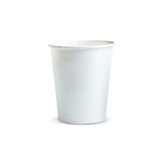 A white paper cup with a capacity of 230ml. It features a smooth surface and has a branding logo.