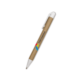 A paper pen with a natural brown body and a white top, featuring a logo on the side.