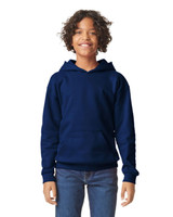 A youth hooded sweatshirt in navy blue with a front pocket and a hood, worn by a smiling child.
