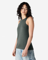 A women’s racerneck tank top in dark green, featuring a fitted design and a logo detail.