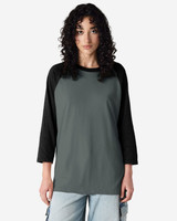 A unisex raglan t-shirt featuring a grey body and black sleeves, with a logo visible on the garment.