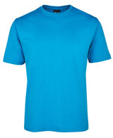 A bright blue T-shirt featuring a round neck and short sleeves. It has a simple design and includes a logo.