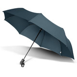 A tri-fold umbrella in navy blue, featuring a sturdy black handle and a ventilation opening at the top.