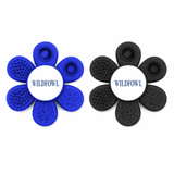 A novelty item featuring two flower-shaped pieces, one in blue and one in black, both with textured surfaces and a central logo.