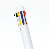 A white pen with a clip, featuring four coloured ink refills in red, blue, yellow, and black.