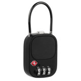 A black TSA-approved padlock featuring a combination dial and a flexible shackle, with a logo on the front.