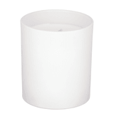A white scented candle in a simple glass container, featuring soy wax and a single wick.