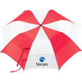 A vented folding umbrella in red and white with a logo on the canopy, designed for leisure and outdoor use.