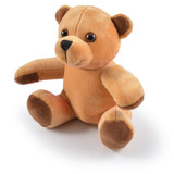 A soft, light brown plush teddy bear with darker brown accents sitting upright. It has large, black eyes and a stitched nose.