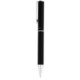 A sleek black metal ballpoint pen with chrome accents and a clip, featuring a logo on the barrel.