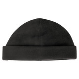 A black polar fleece beanie with a folded cuff, featuring a logo on the side.