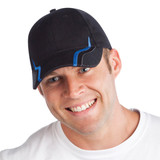 A black cap with blue accents and a branding logo, worn by a smiling man.