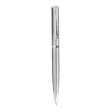 A sleek silver metal ballpoint pen with a streamlined design and a subtle branding logo.