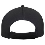 A black Ottoman cap featuring a flat brim and an adjustable strap at the back, with a logo present.