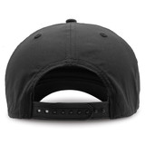A black cap with an adjustable strap at the back, featuring a logo.