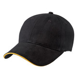 A black cap with a yellow accent on the brim and a logo on the front. Suitable for casual wear.