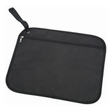 A black satchel with a zippered pocket and a handle, made from durable material. It features a simple, sleek design.