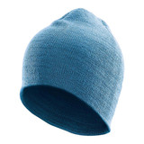 A blue knit beanie with a simple design and a small logo on the side.
