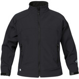 A black women's Cirrus Bonded Jacket with a zip front, featuring two side pockets and a logo.