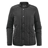 A black women's thermal jacket featuring a quilted design and snap button closure, with a logo on the chest.