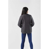 A women's thermal jacket in dark grey, featuring a quilted design and an attached logo, viewed from the back.