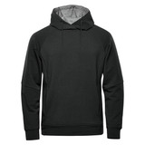 A dark green men's hoody with a drawstring hood and raglan sleeves, featuring a logo.