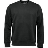 A dark green men's crew pullover jumper with a simple design and a logo on the label.