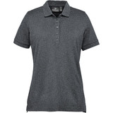 A grey women's polo shirt featuring short sleeves, a collar, and a branded label at the neckline.