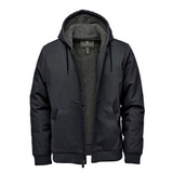 A black hooded jumper featuring a plush lining and front pockets, complete with a logo on the chest.