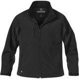 A black women's crew bonded shell jacket with zippered pockets and a high collar. It features a logo on the interior.
