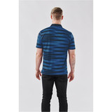 A men's polo shirt in blue stripes, featuring a back view and short sleeves. The shirt has a logo.