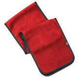 A red fleece scarf with a black trim and a branding logo on it.
