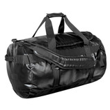 A large black duffle bag with sturdy handles and adjustable straps, featuring a logo.