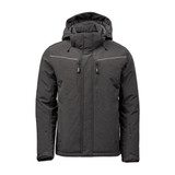 A men's thermal jacket in dark grey with a hood, featuring zippered pockets and a subtle logo.