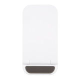 A white wireless charger with a sleek design and a dark grey base. It features a logo on its surface.