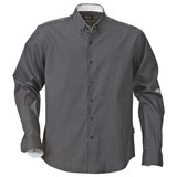 A grey button-up shirt with a collar and long sleeves, featuring a logo.