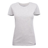 A light grey women's crew neck t-shirt with short sleeves and a logo at the hem.