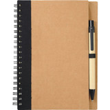 A brown spiral notebook with a black cover and a black pen attached on the side.